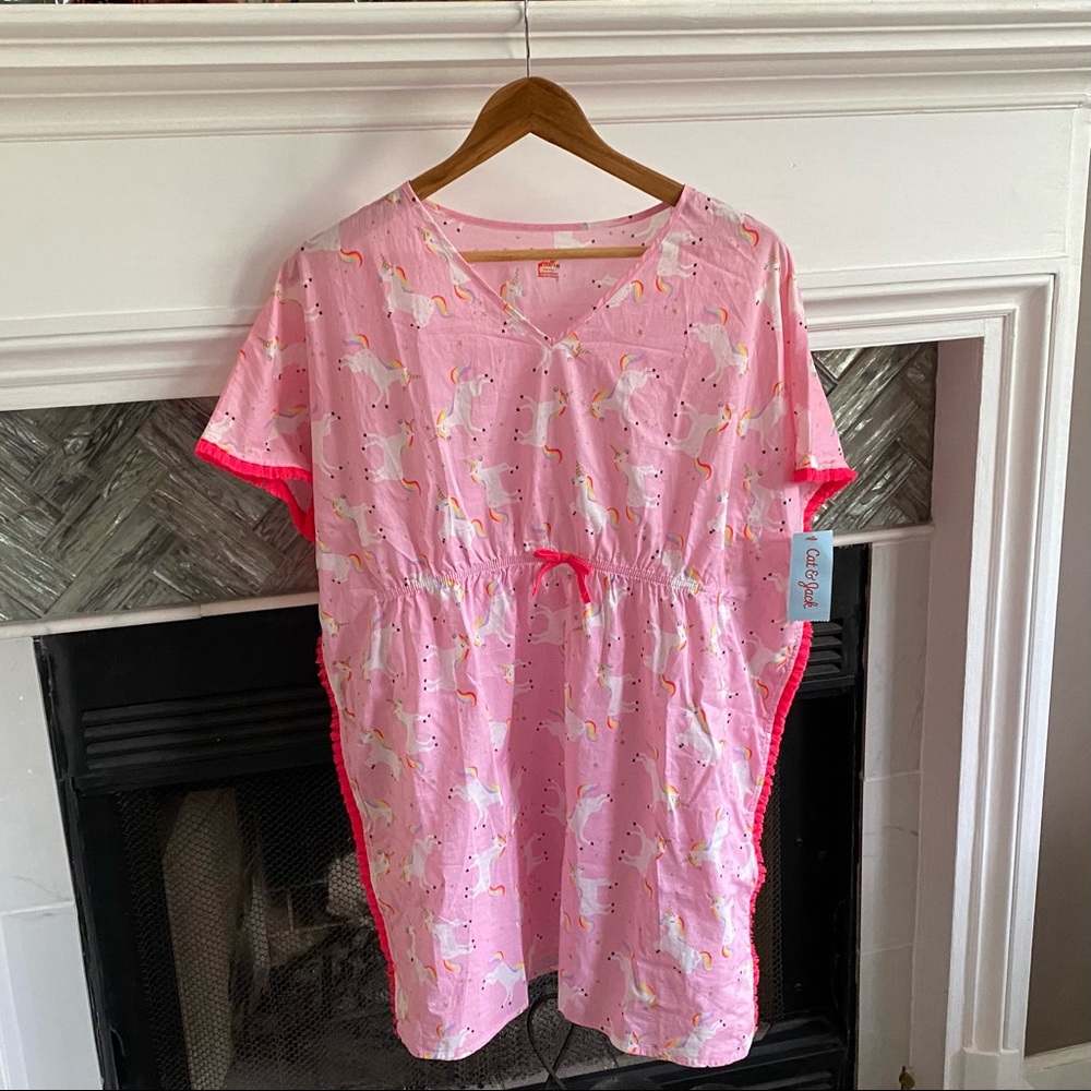 🦄🌈NWT Unicorns CAT & JACK Swim Beach COVER UP w/ HOT PINK TASSELS XL 14/16